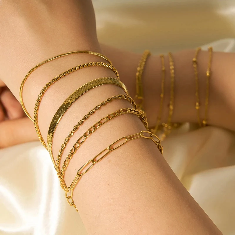 Neues 304 Edelstahl Gliederkettenarmband Vergoldetes Armband für Lagenlook Damen Modeschmuck 17cm lang, 1 Stück