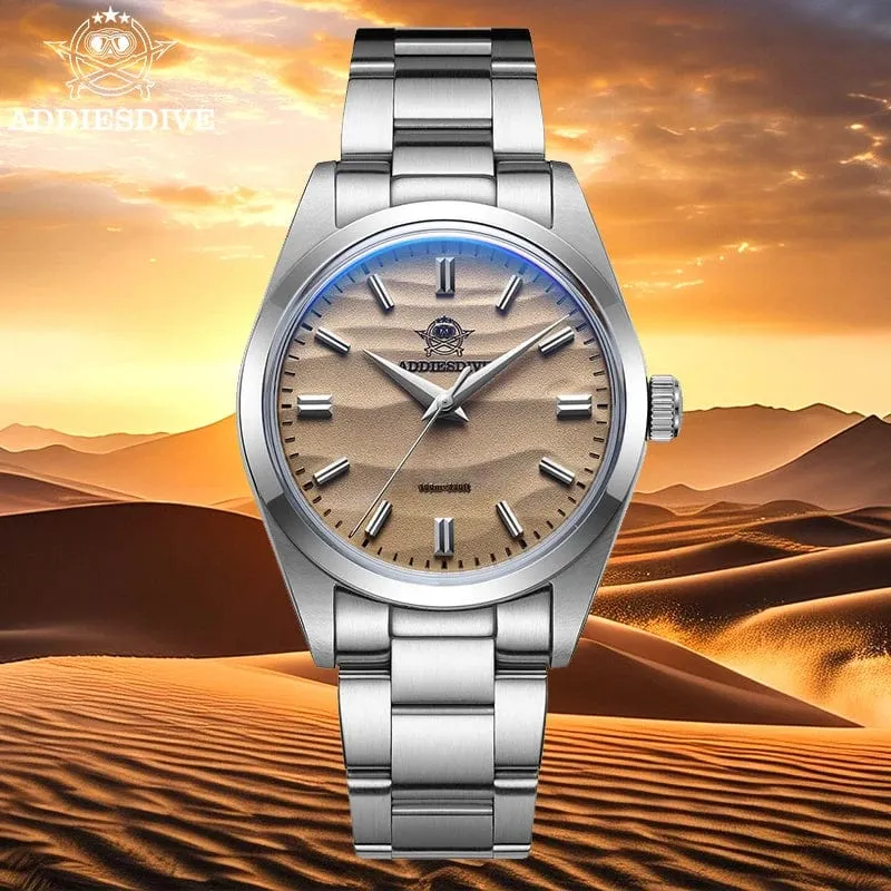 ADDIESDIVE Herrenuhr mit sandfarbenem Zifferblatt, 36 mm, Quarzuhr, 100 m wasserdicht, 316L Edelstahl, AR-beschichtetes Kuppelglas, Armbanduhr für Männer
