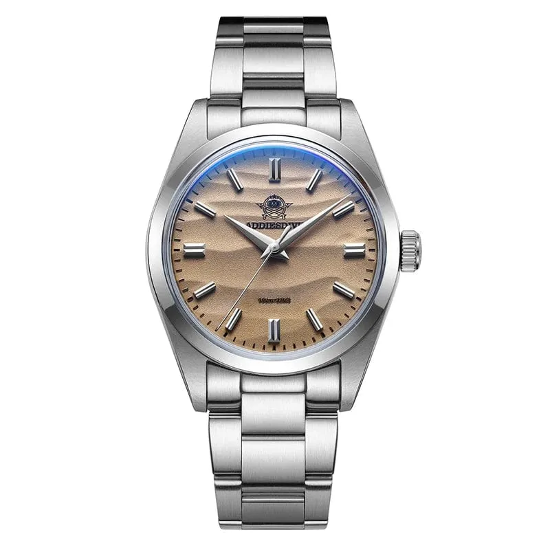 ADDIESDIVE Herrenuhr mit sandfarbenem Zifferblatt, 36 mm, Quarzuhr, 100 m wasserdicht, 316L Edelstahl, AR-beschichtetes Kuppelglas, Armbanduhr für Männer