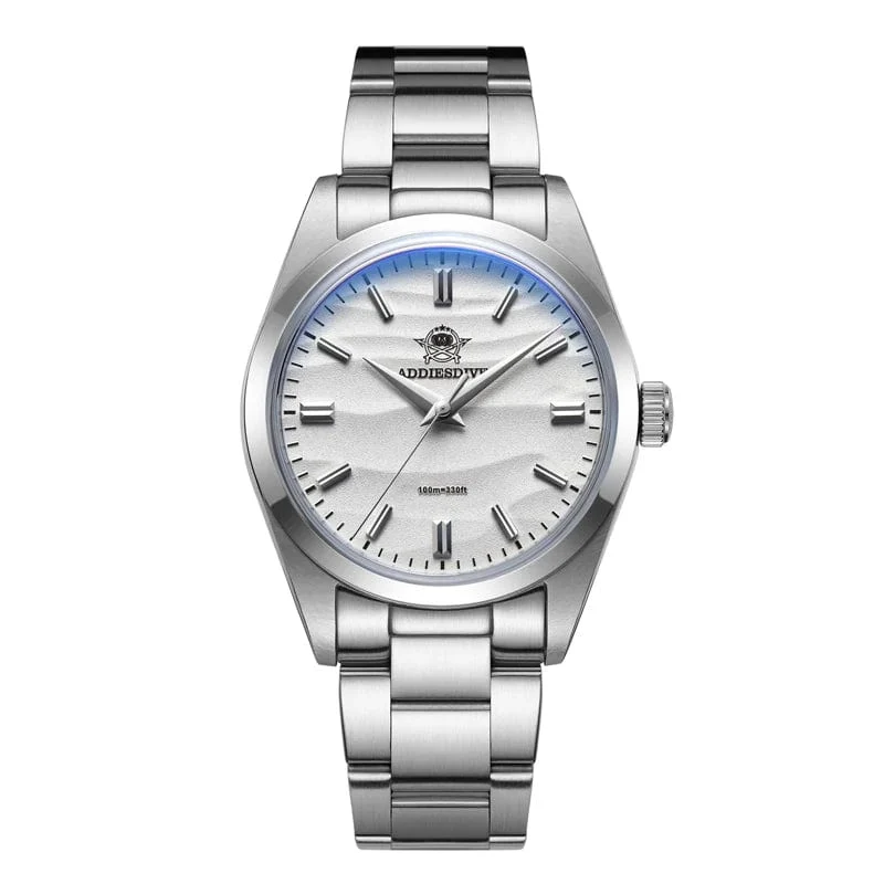 ADDIESDIVE Herrenuhr mit sandfarbenem Zifferblatt, 36 mm, Quarzuhr, 100 m wasserdicht, 316L Edelstahl, AR-beschichtetes Kuppelglas, Armbanduhr für Männer