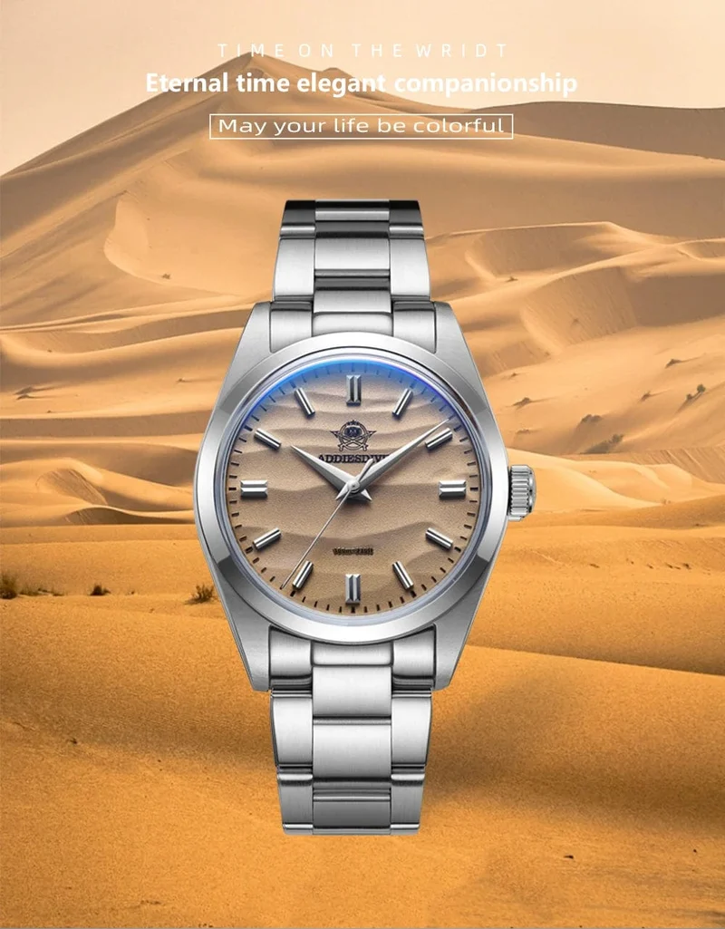 ADDIESDIVE Herrenuhr mit sandfarbenem Zifferblatt, 36 mm, Quarzuhr, 100 m wasserdicht, 316L Edelstahl, AR-beschichtetes Kuppelglas, Armbanduhr für Männer