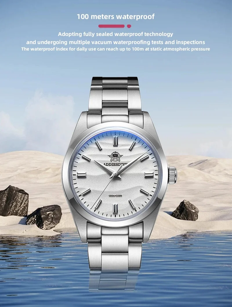 ADDIESDIVE Herrenuhr mit sandfarbenem Zifferblatt, 36 mm, Quarzuhr, 100 m wasserdicht, 316L Edelstahl, AR-beschichtetes Kuppelglas, Armbanduhr für Männer