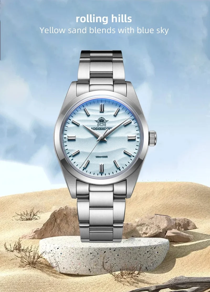 ADDIESDIVE Herrenuhr mit sandfarbenem Zifferblatt, 36 mm, Quarzuhr, 100 m wasserdicht, 316L Edelstahl, AR-beschichtetes Kuppelglas, Armbanduhr für Männer