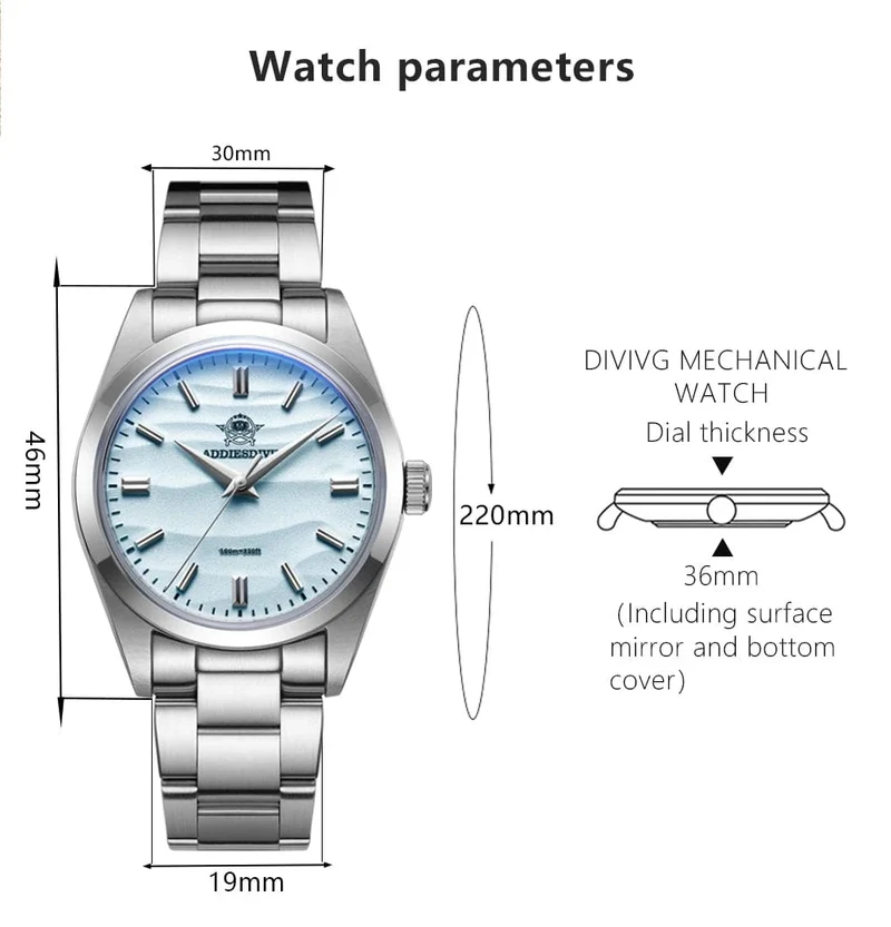 ADDIESDIVE Herrenuhr mit sandfarbenem Zifferblatt, 36 mm, Quarzuhr, 100 m wasserdicht, 316L Edelstahl, AR-beschichtetes Kuppelglas, Armbanduhr für Männer