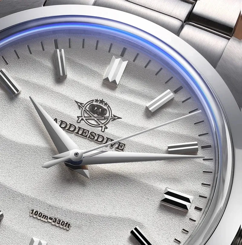 ADDIESDIVE Herrenuhr mit sandfarbenem Zifferblatt, 36 mm, Quarzuhr, 100 m wasserdicht, 316L Edelstahl, AR-beschichtetes Kuppelglas, Armbanduhr für Männer