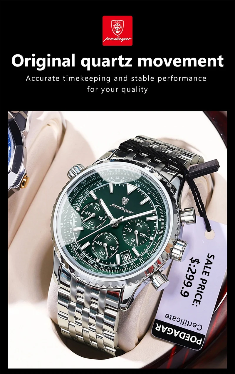 POEDAGAR Luxus Militäruhr für Männer Wasserdicht Leuchtend Datum Chronograph Mann Uhr Sport Quarz Edelstahl Herrenuhren