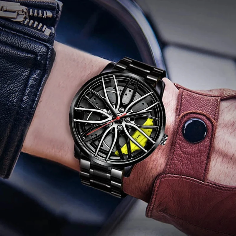 Mode Männer Sport Uhren 3d Auto Rad Edelstahl Band Armbanduhr herren Quarzuhr herren Uhren