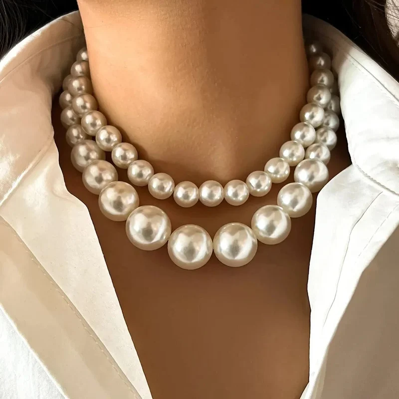 2 Teile/satz Übertrieben Große Imitation Perle Schlüsselbein Kette Halskette für Frauen Mi Braut Goth Perlen Halsband Grunge Schmuck Steampunk