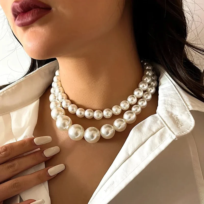 2 Teile/satz Übertrieben Große Imitation Perle Schlüsselbein Kette Halskette für Frauen Mi Braut Goth Perlen Halsband Grunge Schmuck Steampunk