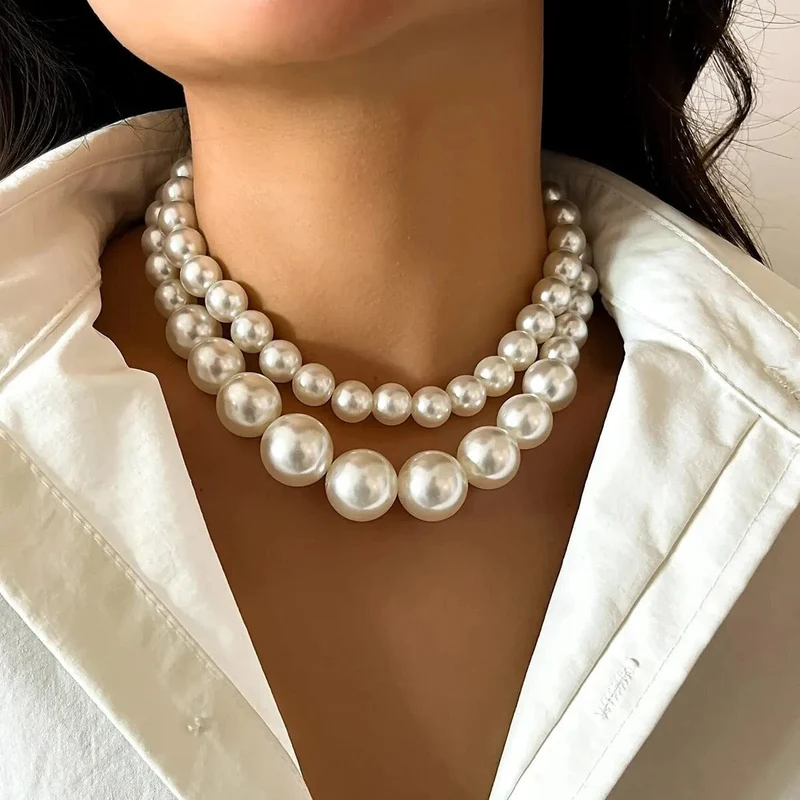 2 Teile/satz Übertrieben Große Imitation Perle Schlüsselbein Kette Halskette für Frauen Mi Braut Goth Perlen Halsband Grunge Schmuck Steampunk