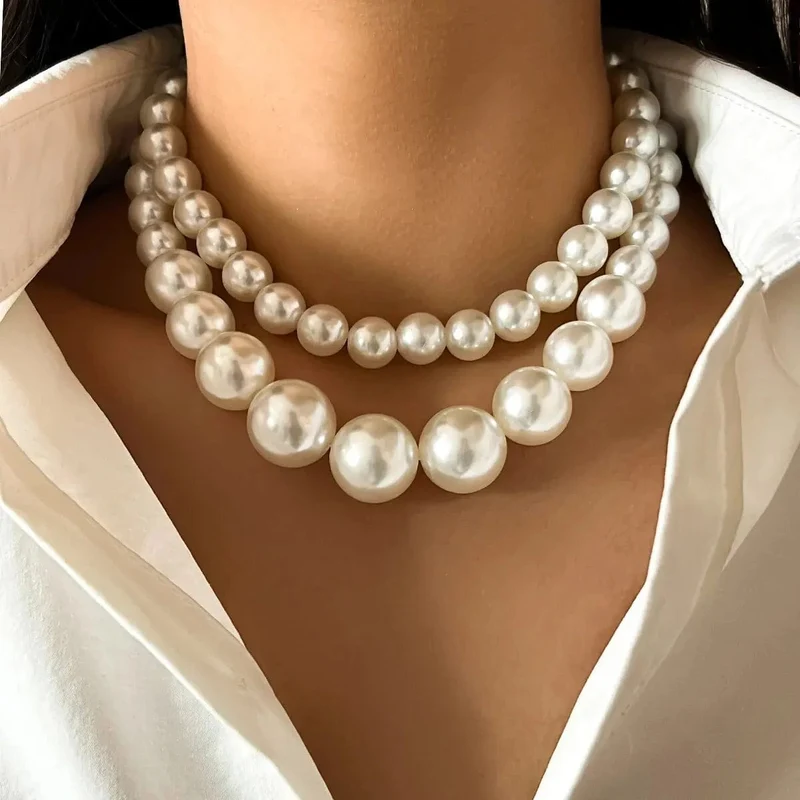2 Teile/satz Übertrieben Große Imitation Perle Schlüsselbein Kette Halskette für Frauen Mi Braut Goth Perlen Halsband Grunge Schmuck Steampunk