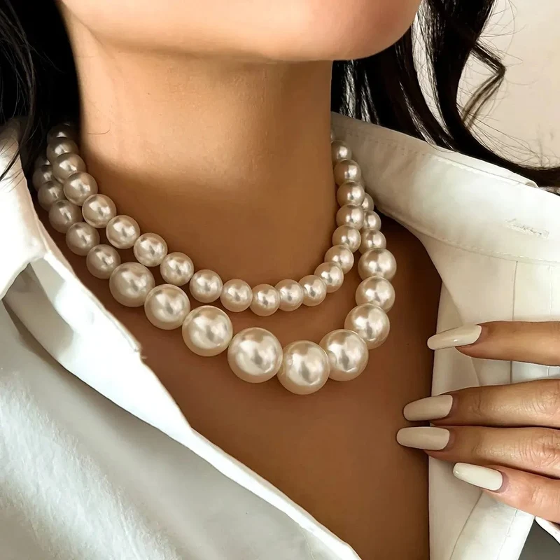 2 Teile/satz Übertrieben Große Imitation Perle Schlüsselbein Kette Halskette für Frauen Mi Braut Goth Perlen Halsband Grunge Schmuck Steampunk