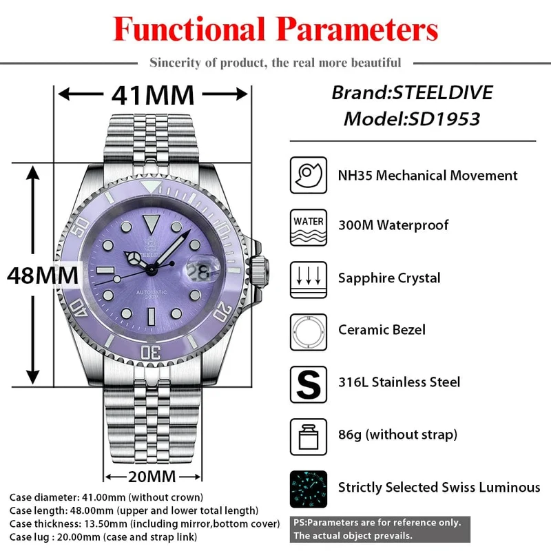 STEELDIVE Neue Farbgebung Klassische Water Ghost SD1953 Schweizer BGW9 Leuchtendes NH35-Uhrwerk 30Bar Wasserdichte mechanische Armbanduhr