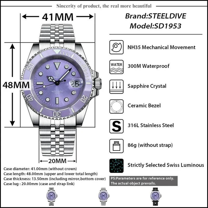 STEELDIVE Neue Farbgebung Klassische Water Ghost SD1953 Schweizer BGW9 Leuchtendes NH35-Uhrwerk 30Bar Wasserdichte mechanische Armbanduhr