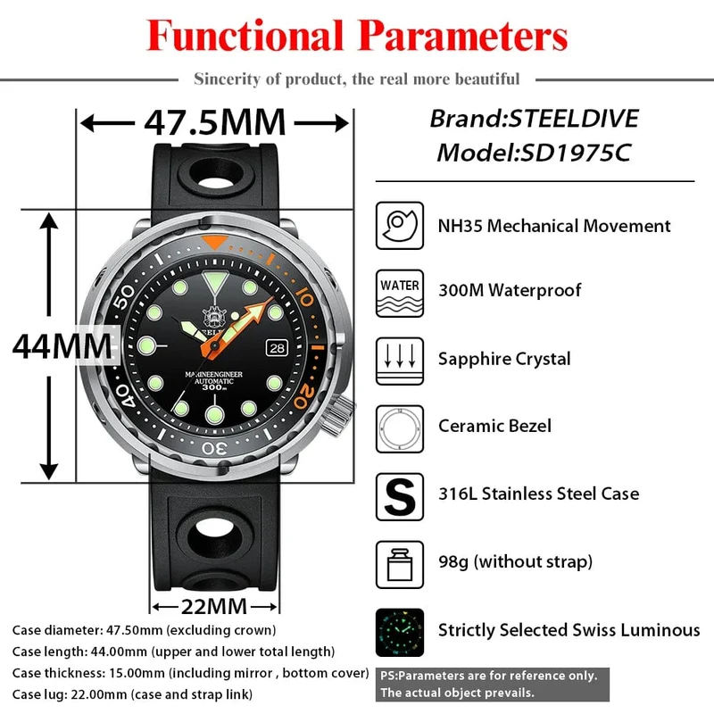 STEELDIVE SD1975C Klassische mechanische Uhr für Männer, mehrfarbig, leuchtend, 30 Bar, wasserdicht, NH35-Uhrwerk, Taucher-Thunfisch-Saphirspiegel