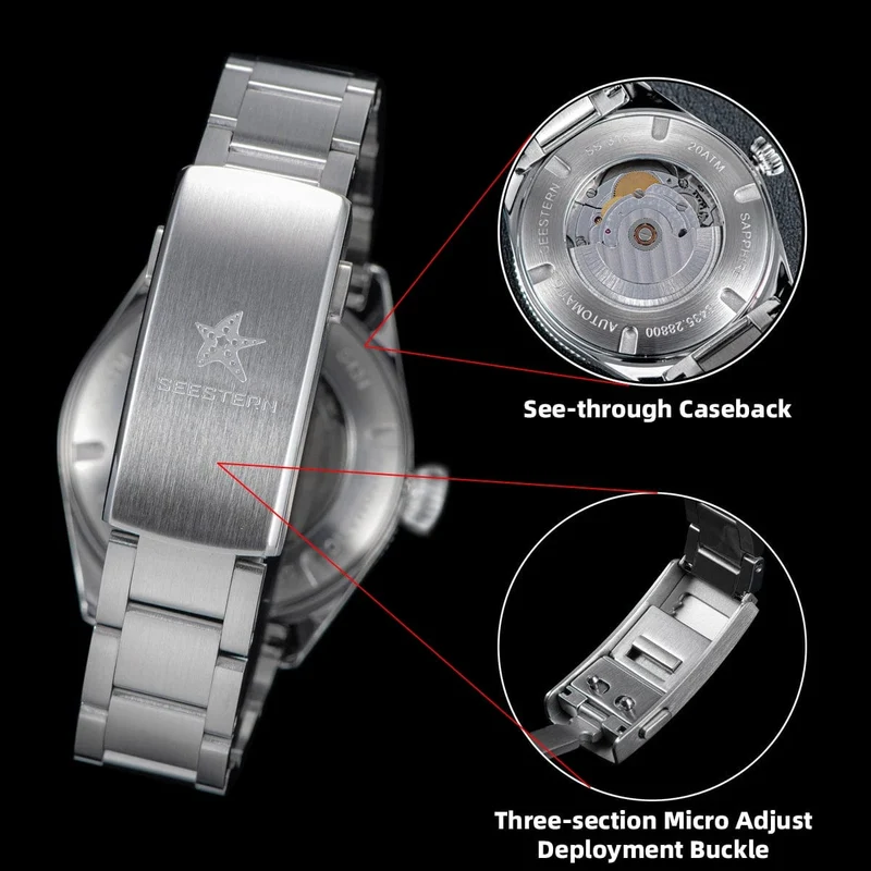 SEESTERN Taucheruhr für Herren, automatische mechanische Armbanduhren, Seagul ST2130-Uhrwerk, 20 bar wasserdicht, leuchtendes gewölbtes Glas