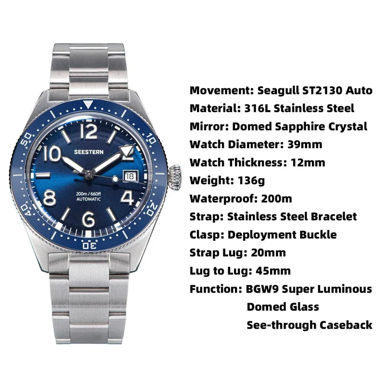 SEESTERN Taucheruhr für Herren, automatische mechanische Armbanduhren, Seagul ST2130-Uhrwerk, 20 bar wasserdicht, leuchtendes gewölbtes Glas