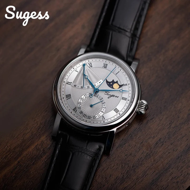 2023 Sugess Herrenuhr, automatisch, mechanisch, Mondphase, Armbanduhr, Gangreserve, Saphir, wasserdicht, Tianjin-Uhrwerk