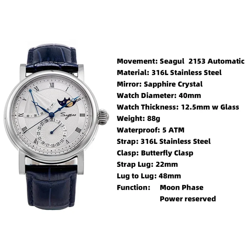 2023 Sugess Herrenuhr, automatisch, mechanisch, Mondphase, Armbanduhr, Gangreserve, Saphir, wasserdicht, Tianjin-Uhrwerk