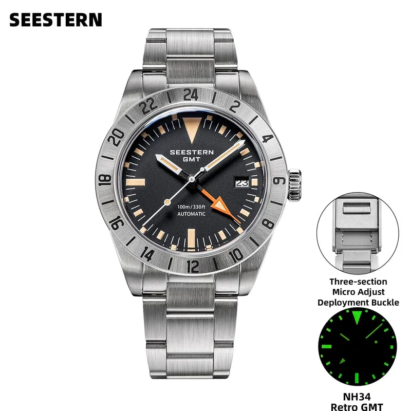 SEESTERN GMT-Uhr für Herren, Retro, NH34, Automatikwerk, mechanische Armbanduhr, gewölbtes Saphirglas, AR-Beschichtung, Micro-Faltschließe