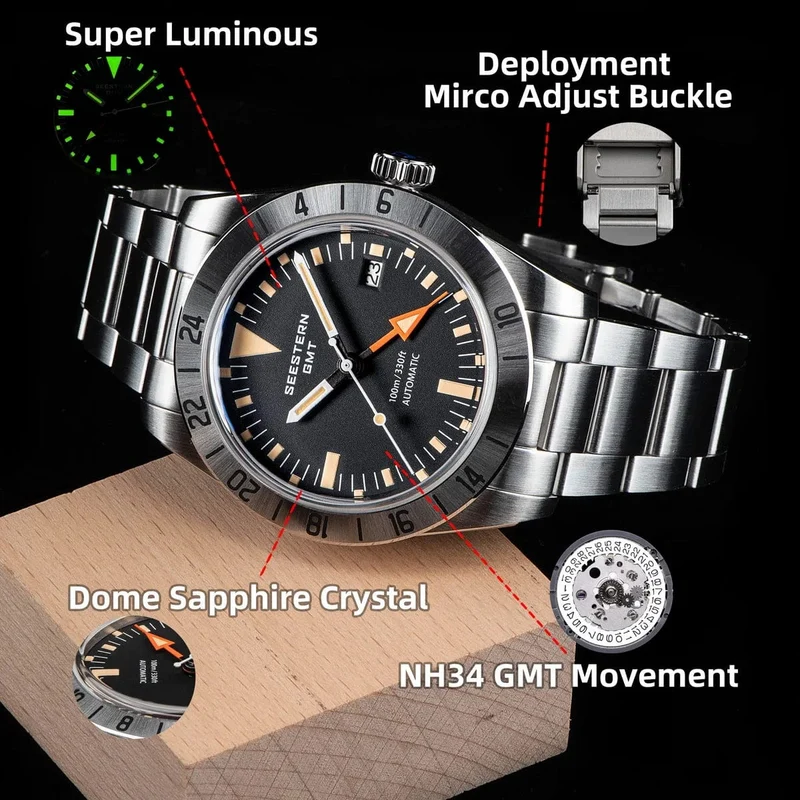 SEESTERN GMT-Uhr für Herren, Retro, NH34, Automatikwerk, mechanische Armbanduhr, gewölbtes Saphirglas, AR-Beschichtung, Micro-Faltschließe