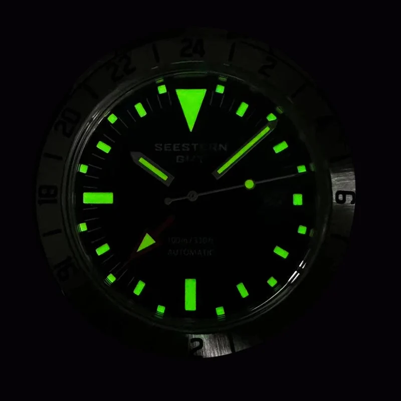 SEESTERN GMT-Uhr für Herren, Retro, NH34, Automatikwerk, mechanische Armbanduhr, gewölbtes Saphirglas, AR-Beschichtung, Micro-Faltschließe