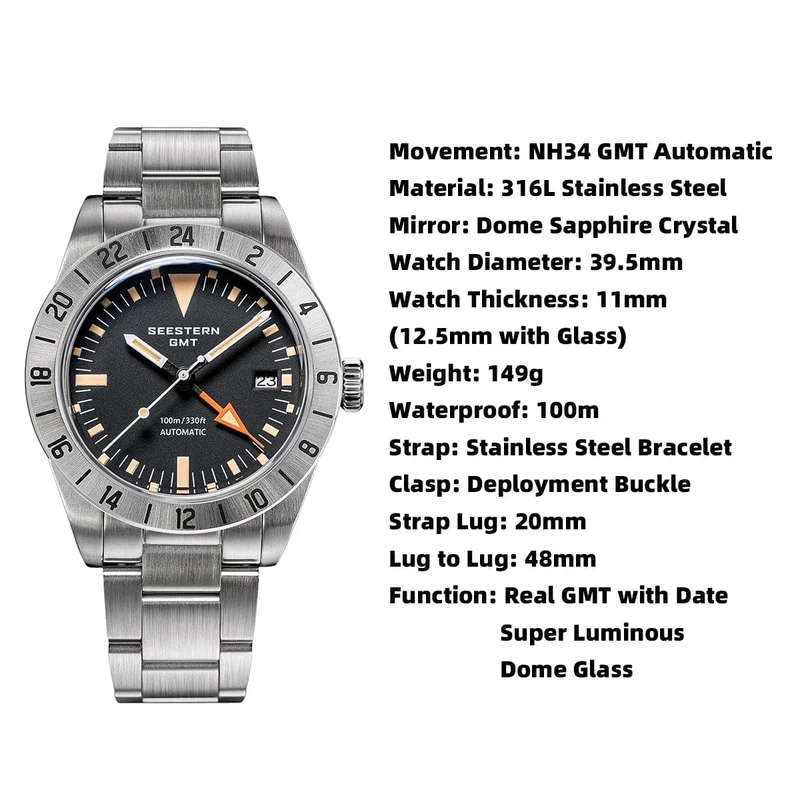 SEESTERN GMT-Uhr für Herren, Retro, NH34, Automatikwerk, mechanische Armbanduhr, gewölbtes Saphirglas, AR-Beschichtung, Micro-Faltschließe