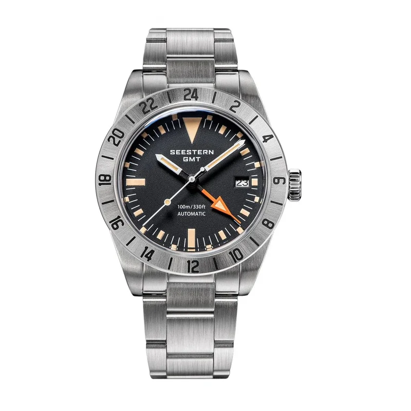 SEESTERN GMT-Uhr für Herren, Retro, NH34, Automatikwerk, mechanische Armbanduhr, gewölbtes Saphirglas, AR-Beschichtung, Micro-Faltschließe