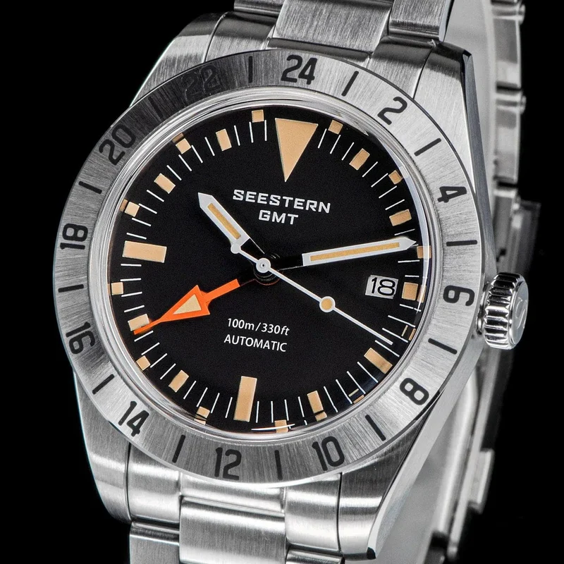 SEESTERN GMT-Uhr für Herren, Retro, NH34, Automatikwerk, mechanische Armbanduhr, gewölbtes Saphirglas, AR-Beschichtung, Micro-Faltschließe