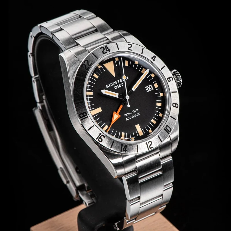 SEESTERN GMT-Uhr für Herren, Retro, NH34, Automatikwerk, mechanische Armbanduhr, gewölbtes Saphirglas, AR-Beschichtung, Micro-Faltschließe