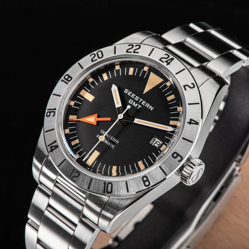 SEESTERN GMT-Uhr für Herren, Retro, NH34, Automatikwerk, mechanische Armbanduhr, gewölbtes Saphirglas, AR-Beschichtung, Micro-Faltschließe