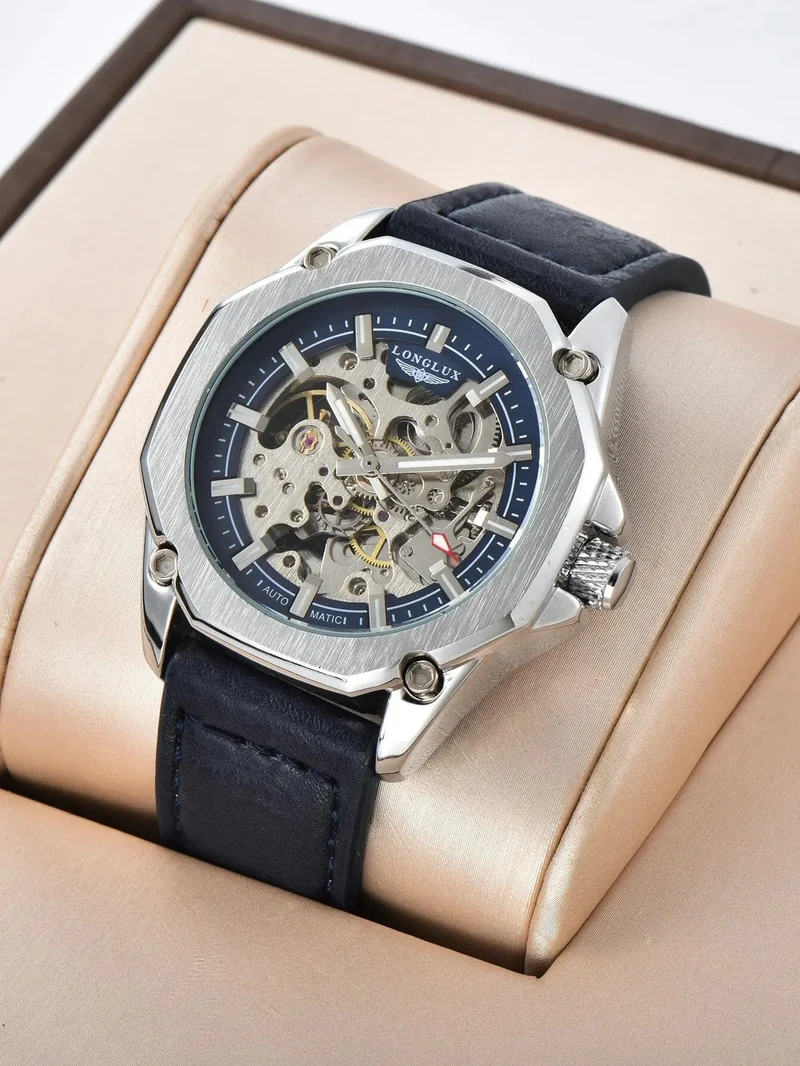 Mann uhr automatische bewegung cool großhandel automatische uhr luxus skelett wasserdicht leder LONGLUX mechanische armbanduhren