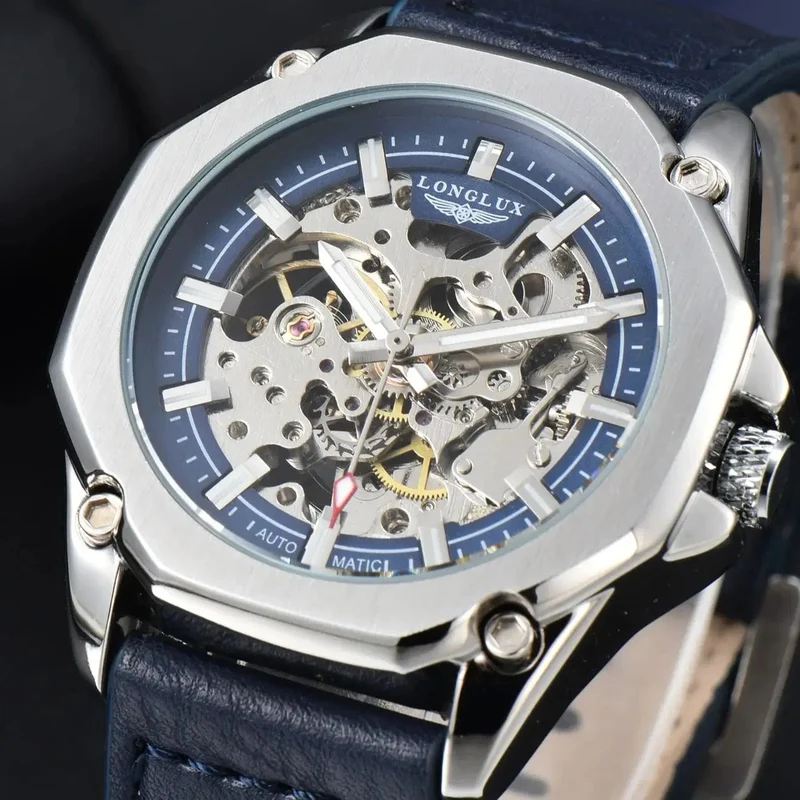 Mann uhr automatische bewegung cool großhandel automatische uhr luxus skelett wasserdicht leder LONGLUX mechanische armbanduhren