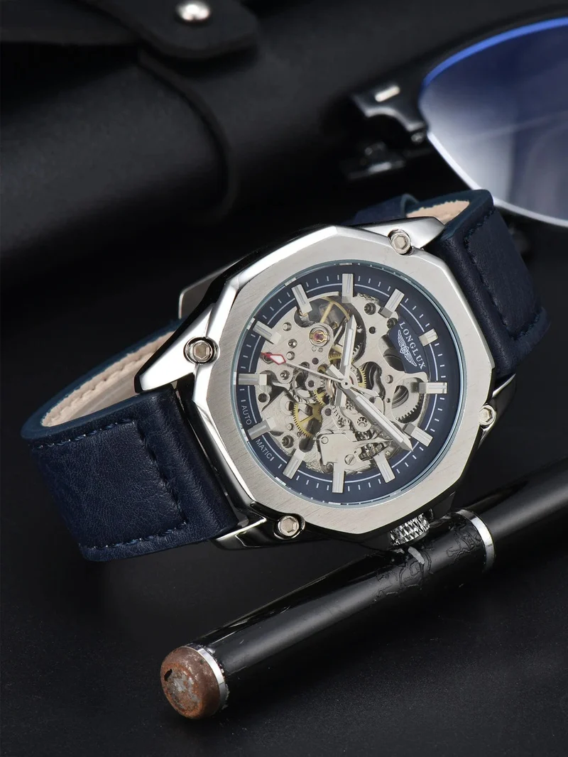 Mann uhr automatische bewegung cool großhandel automatische uhr luxus skelett wasserdicht leder LONGLUX mechanische armbanduhren