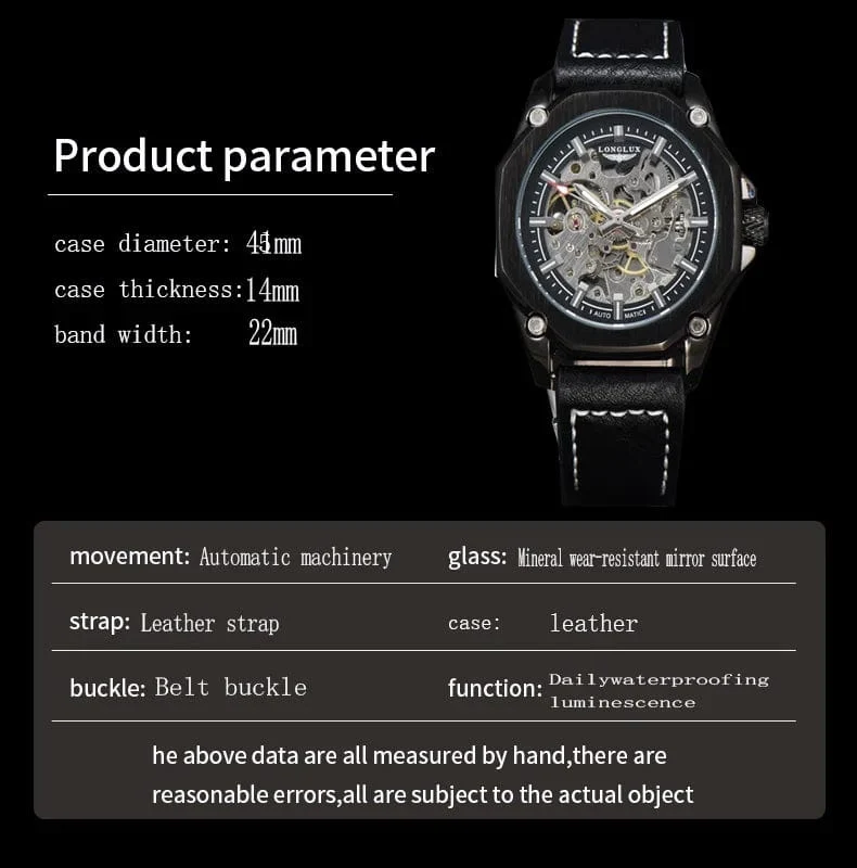 Mann uhr automatische bewegung cool großhandel automatische uhr luxus skelett wasserdicht leder LONGLUX mechanische armbanduhren