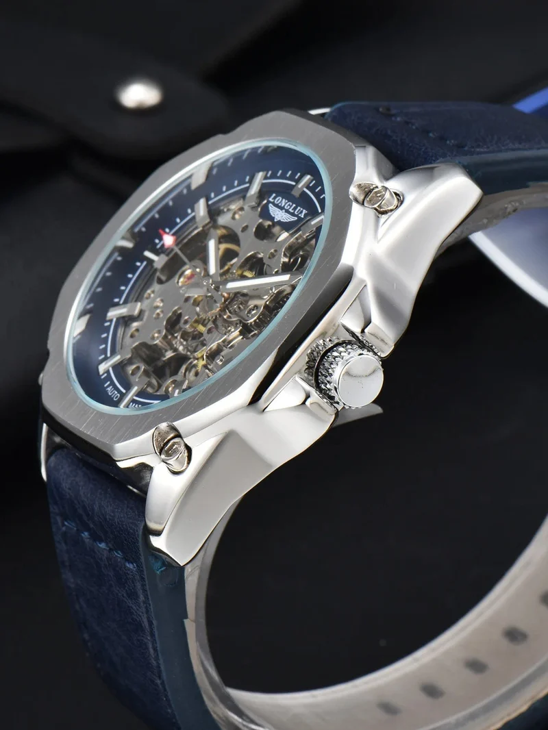 Mann uhr automatische bewegung cool großhandel automatische uhr luxus skelett wasserdicht leder LONGLUX mechanische armbanduhren
