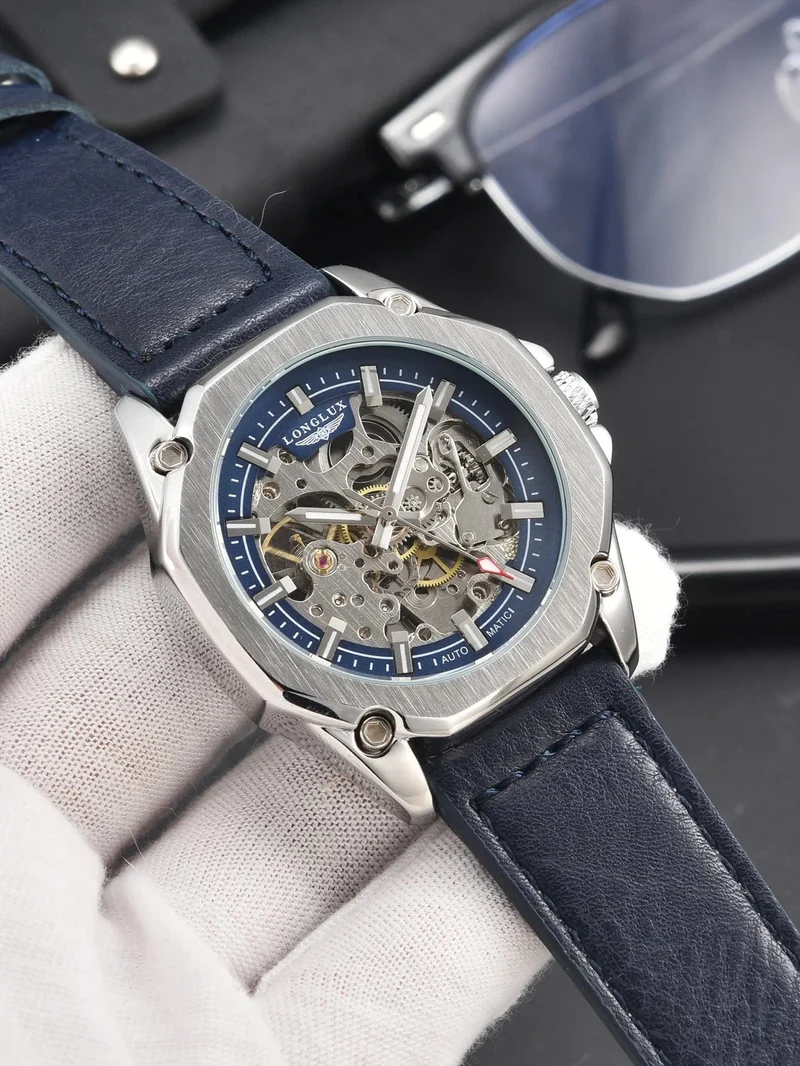 Mann uhr automatische bewegung cool großhandel automatische uhr luxus skelett wasserdicht leder LONGLUX mechanische armbanduhren