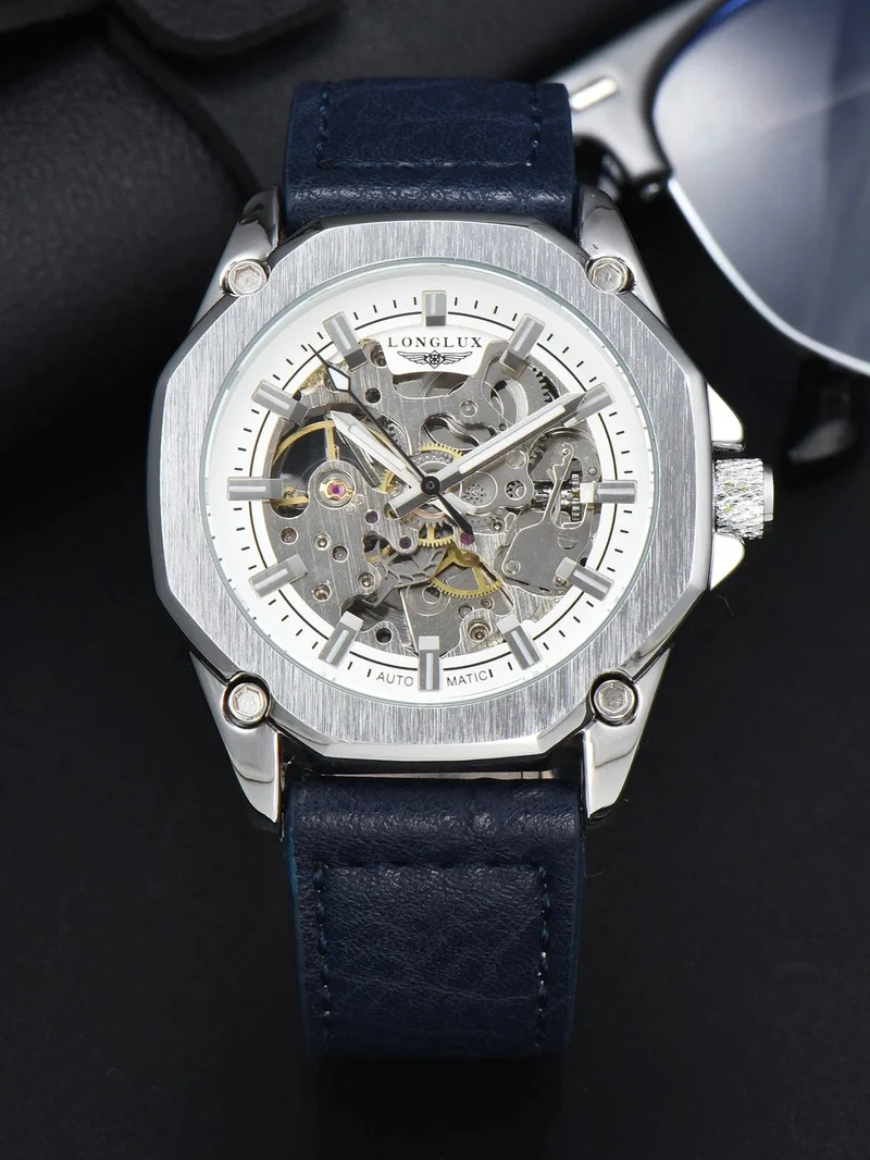 Mann uhr automatische bewegung cool großhandel automatische uhr luxus skelett wasserdicht leder LONGLUX mechanische armbanduhren