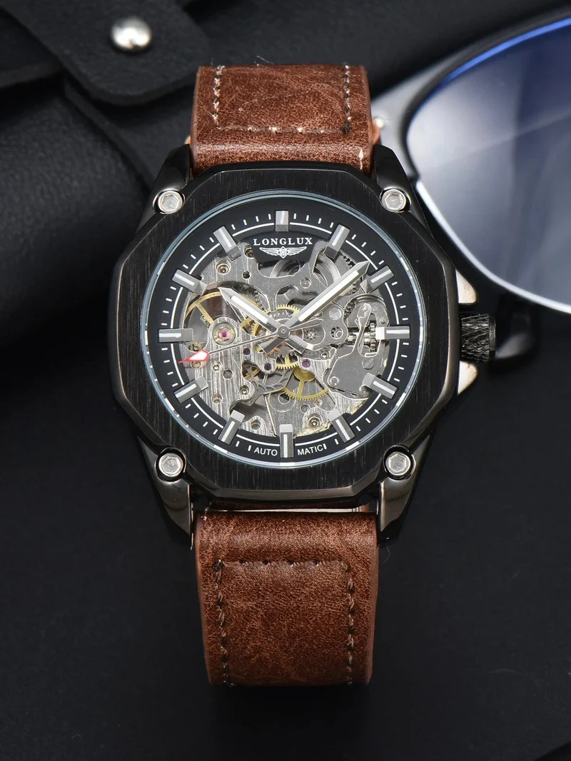 Mann uhr automatische bewegung cool großhandel automatische uhr luxus skelett wasserdicht leder LONGLUX mechanische armbanduhren