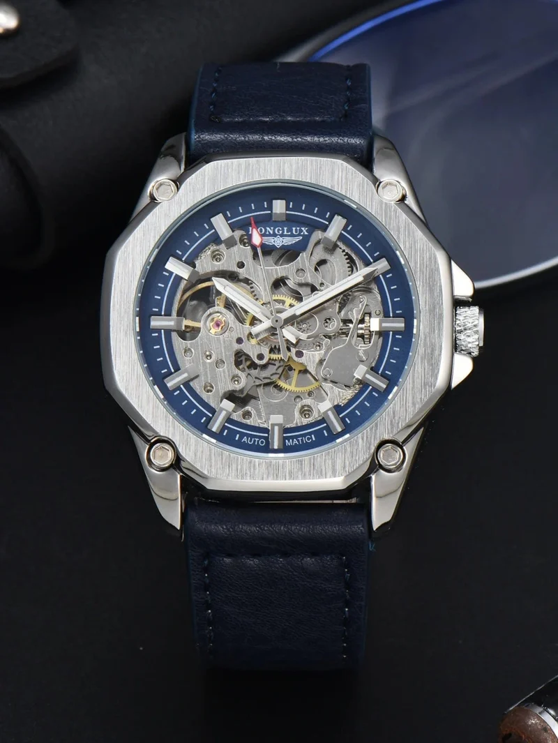 Mann uhr automatische bewegung cool großhandel automatische uhr luxus skelett wasserdicht leder LONGLUX mechanische armbanduhren