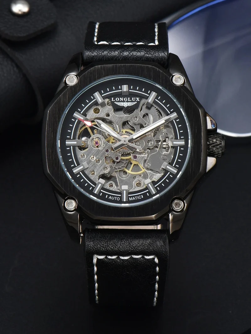 Mann uhr automatische bewegung cool großhandel automatische uhr luxus skelett wasserdicht leder LONGLUX mechanische armbanduhren