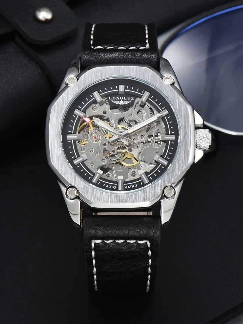 Mann uhr automatische bewegung cool großhandel automatische uhr luxus skelett wasserdicht leder LONGLUX mechanische armbanduhren