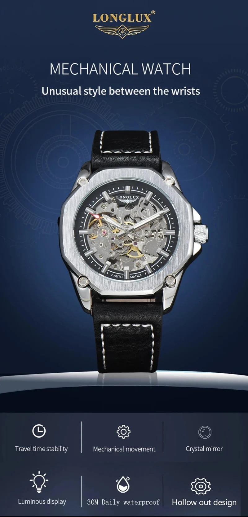 Mann uhr automatische bewegung cool großhandel automatische uhr luxus skelett wasserdicht leder LONGLUX mechanische armbanduhren
