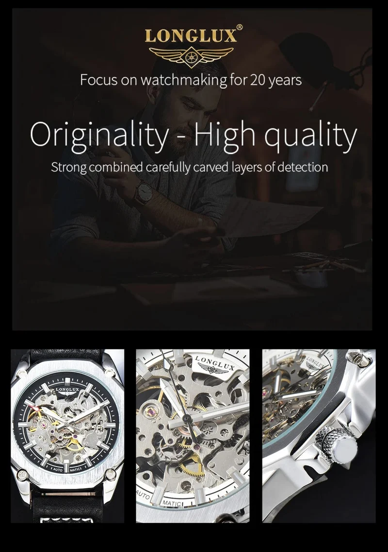 Mann uhr automatische bewegung cool großhandel automatische uhr luxus skelett wasserdicht leder LONGLUX mechanische armbanduhren