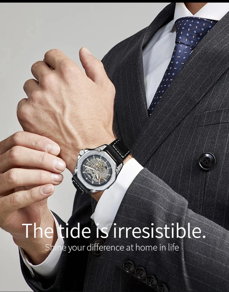 Mann uhr automatische bewegung cool großhandel automatische uhr luxus skelett wasserdicht leder LONGLUX mechanische armbanduhren