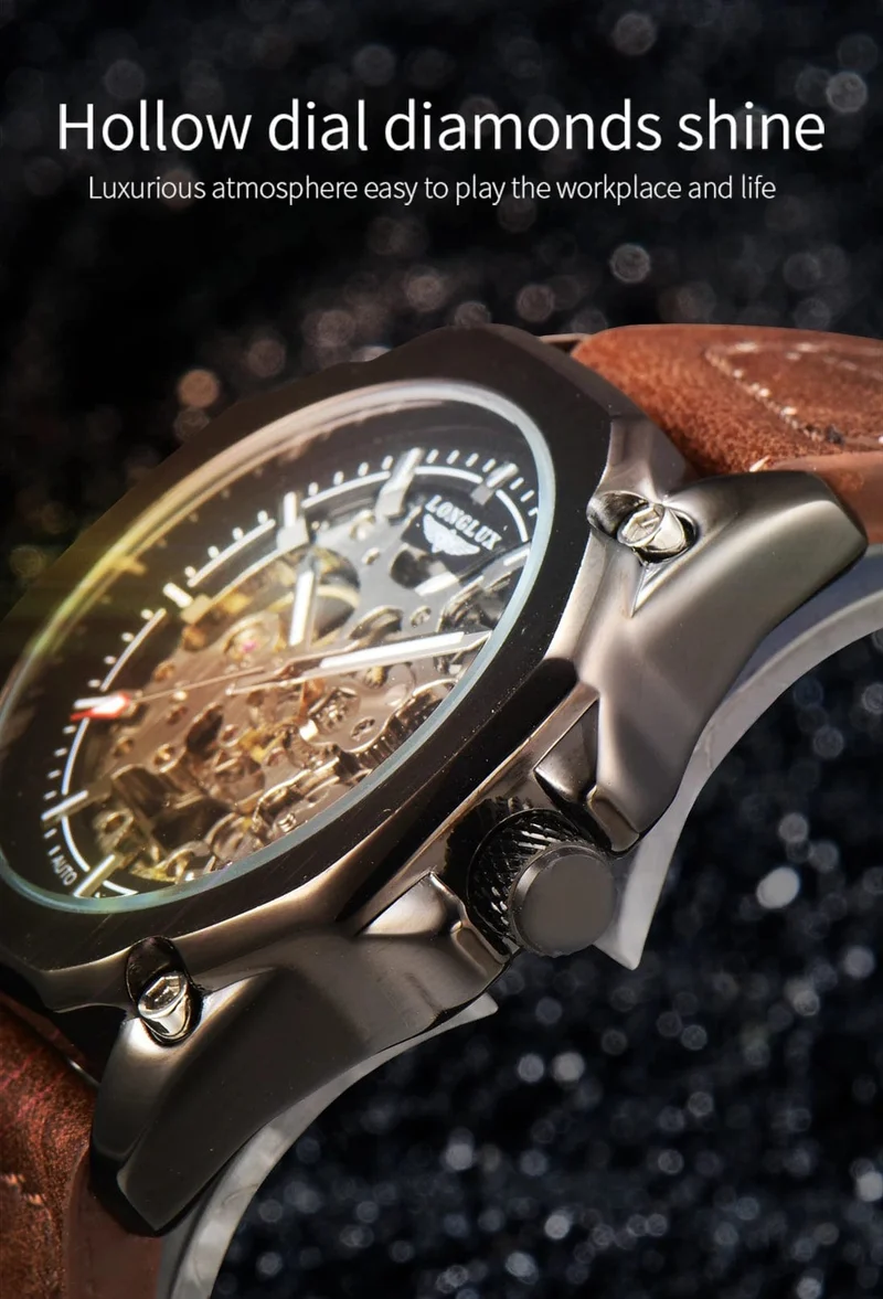 Mann uhr automatische bewegung cool großhandel automatische uhr luxus skelett wasserdicht leder LONGLUX mechanische armbanduhren