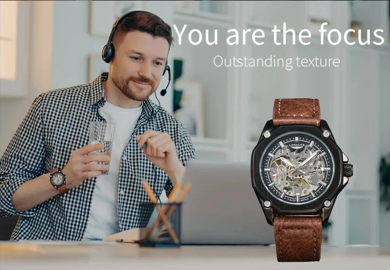 Mann uhr automatische bewegung cool großhandel automatische uhr luxus skelett wasserdicht leder LONGLUX mechanische armbanduhren