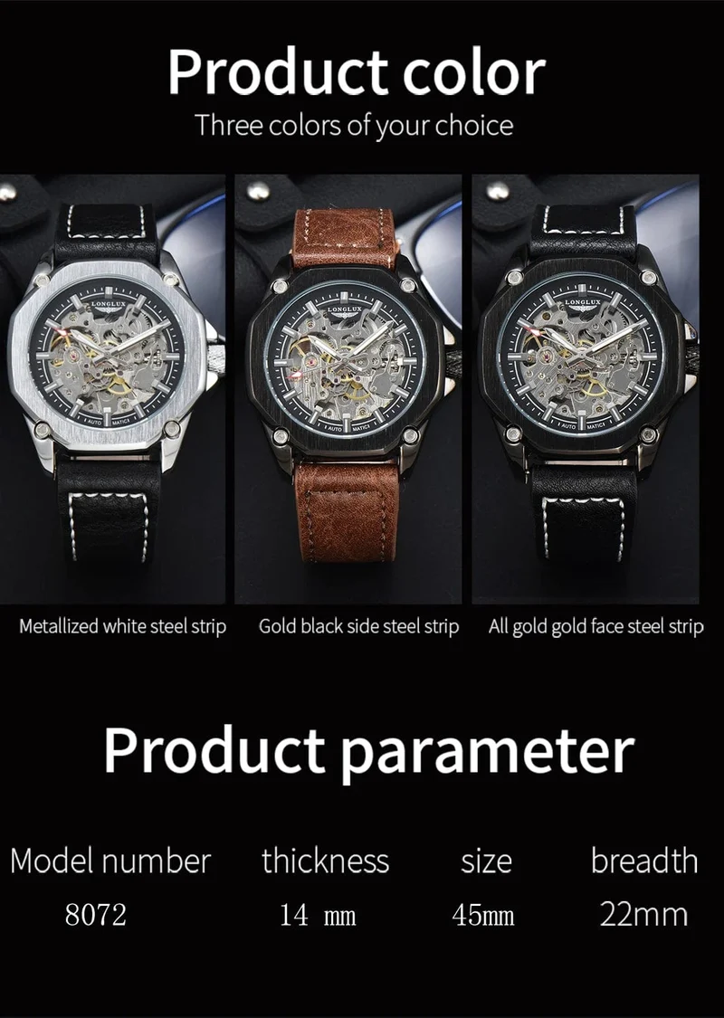 Mann uhr automatische bewegung cool großhandel automatische uhr luxus skelett wasserdicht leder LONGLUX mechanische armbanduhren