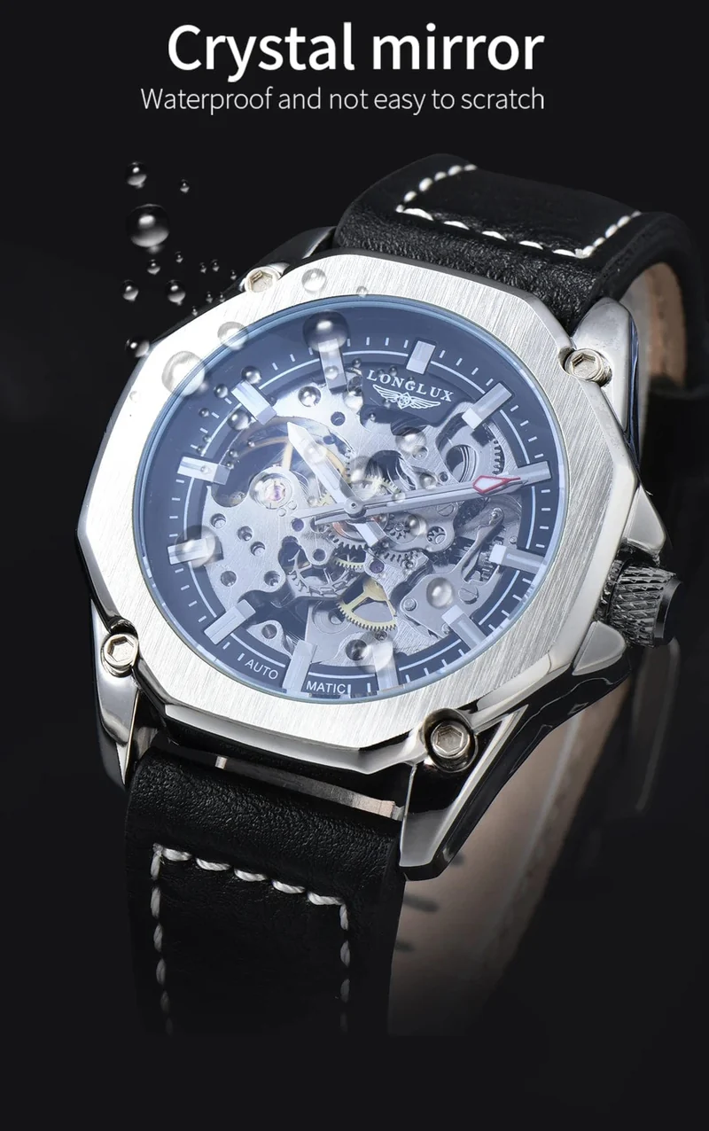 Mann uhr automatische bewegung cool großhandel automatische uhr luxus skelett wasserdicht leder LONGLUX mechanische armbanduhren