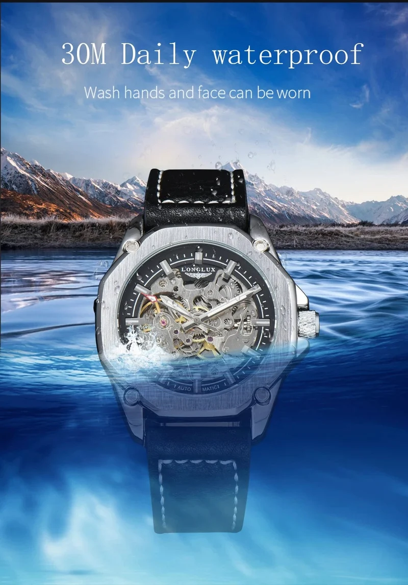 Mann uhr automatische bewegung cool großhandel automatische uhr luxus skelett wasserdicht leder LONGLUX mechanische armbanduhren